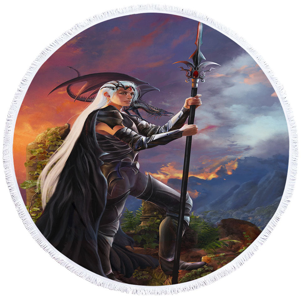 Fantasy Art Burning Valley and Dragon Girl Warrior Round Beach Towel