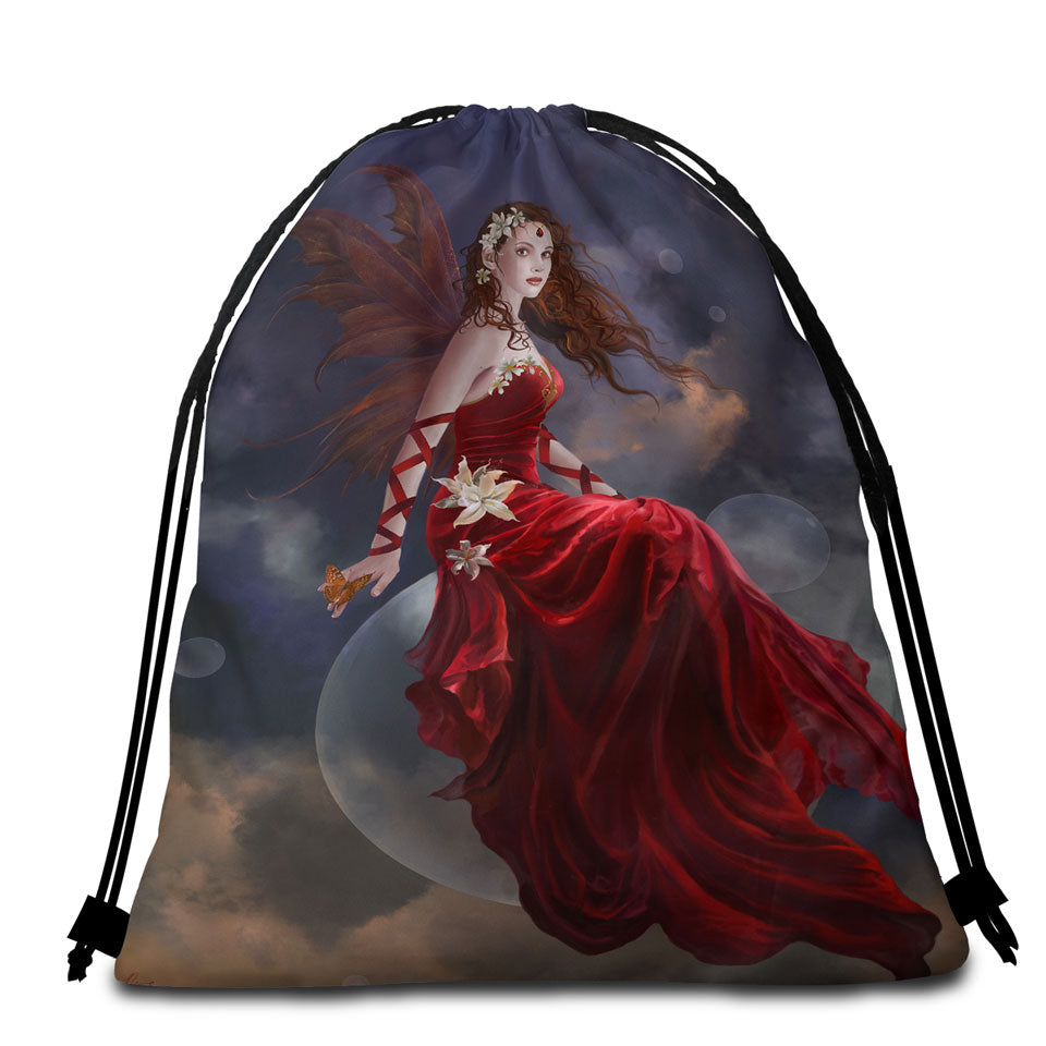 Fantasy Art Crimson Lily Pretty Woman Fairy Beach Towel Bags