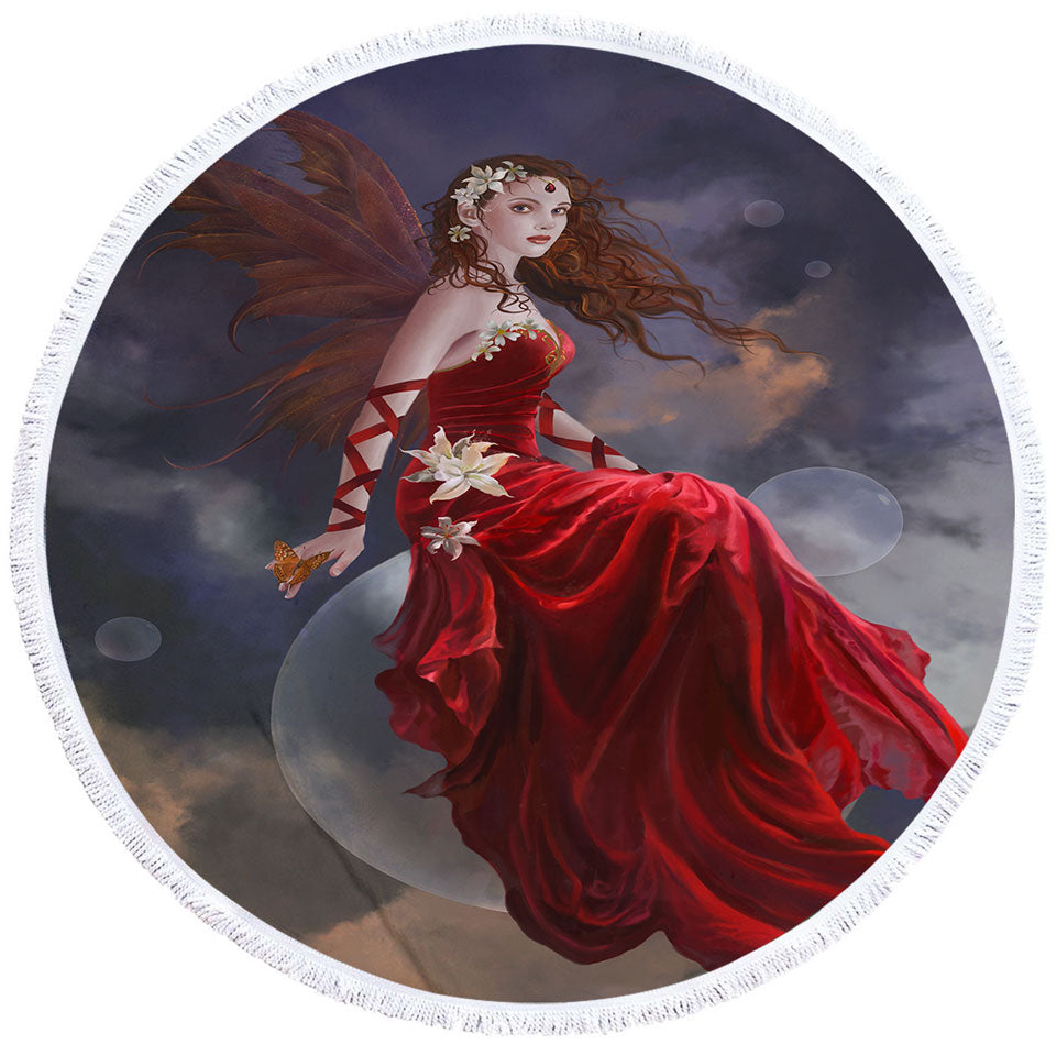 Fantasy Art Crimson Lily Pretty Woman Fairy Circle Beach Towel