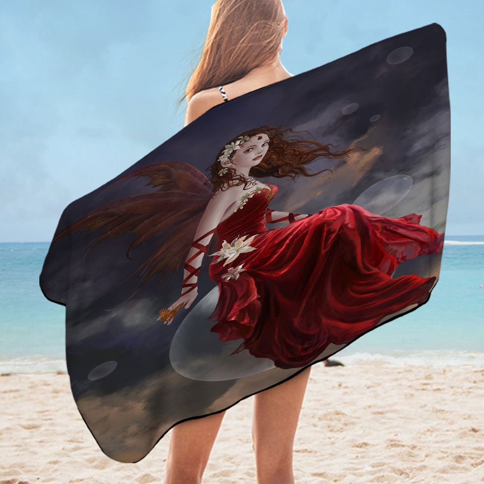 Fantasy Art Crimson Lily Pretty Woman Fairy Microfiber Beach Towel
