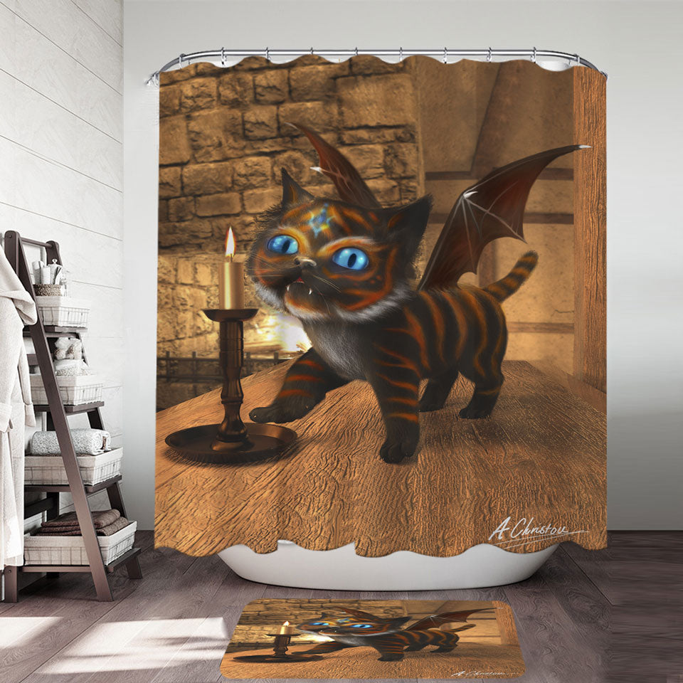 Fantasy Art Cute Dragon Cat Shower Curtains