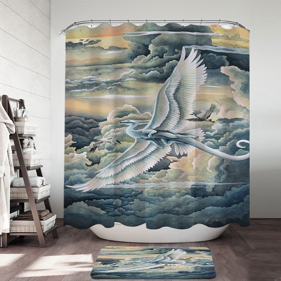 Fantasy Art Discount Shower Curtains Soaring Wonders Storks and Dragon