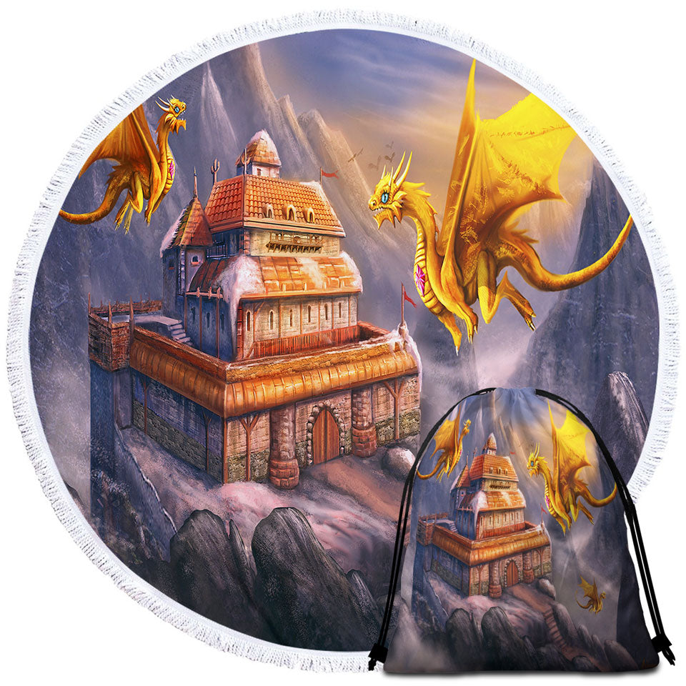 Fantasy Art Dragons Round Beach Towel Haven in the Mountains