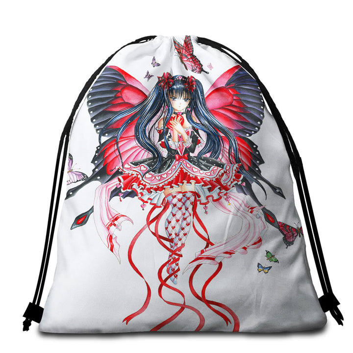 Fantasy Art Drawing Red Butterfly Girl Beach Bags and Towels