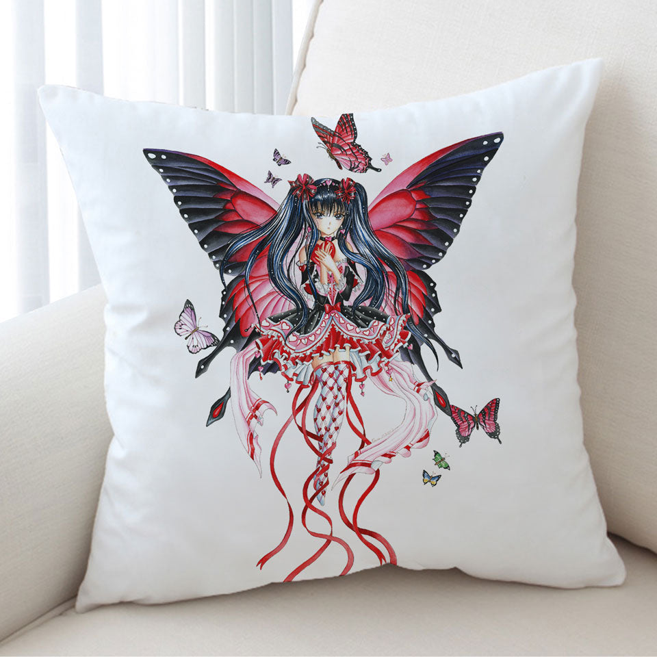 Fantasy Art Drawing Red Butterfly Girl Cushions
