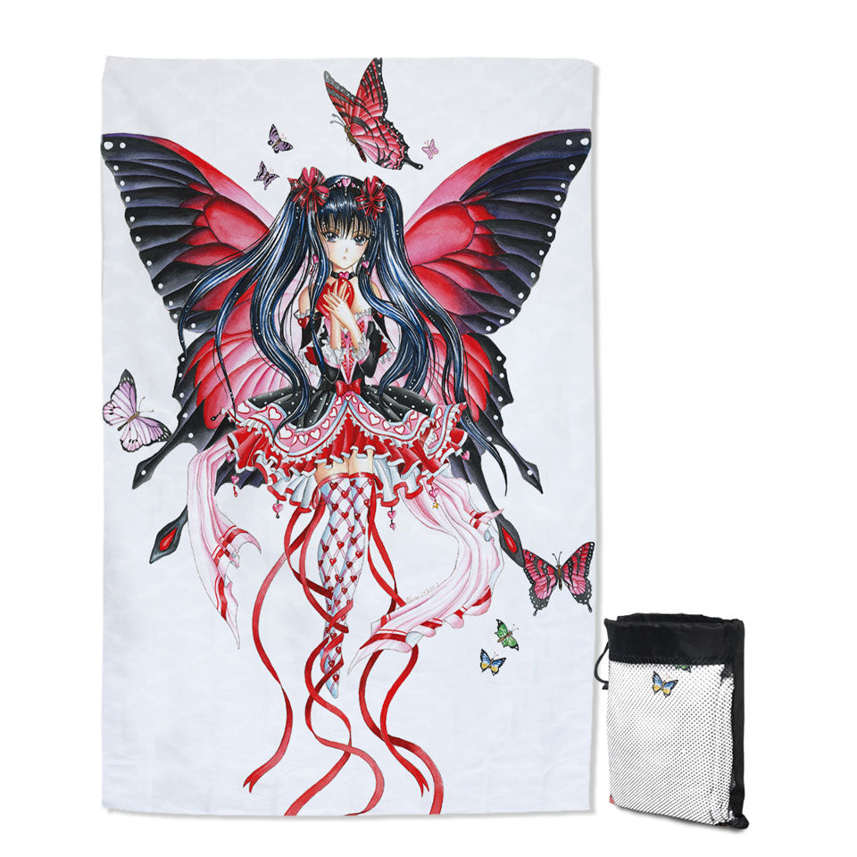 Fantasy Art Drawing Red Butterfly Girl Lightweight Beach Towel