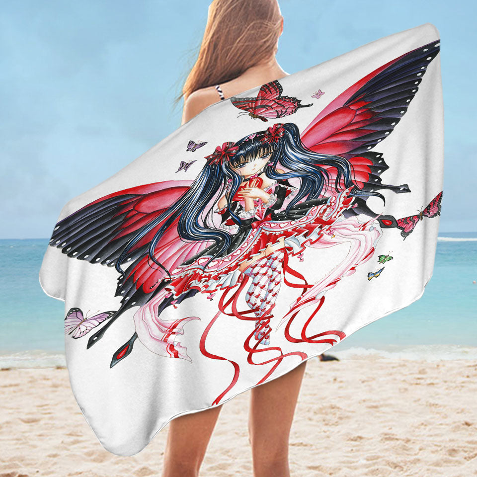 Fantasy Art Drawing Red Butterfly Girl Pool Towels