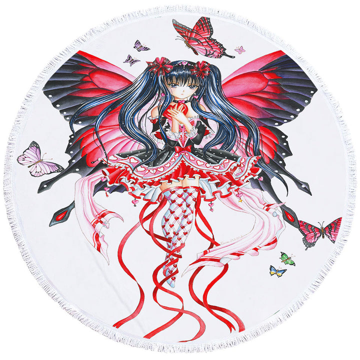 Fantasy Art Drawing Red Butterfly Girl Round Beach Towel