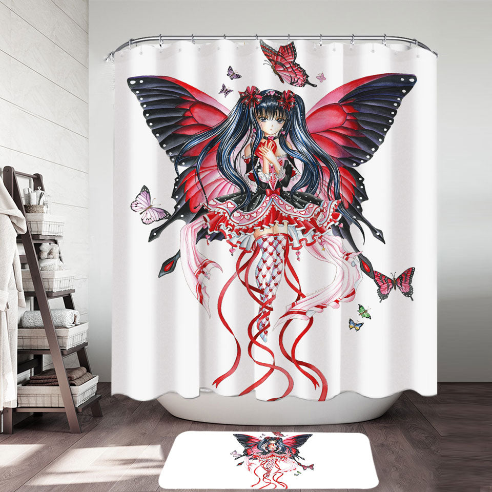 Fantasy Art Drawing Red Butterfly Girl Shower Curtains