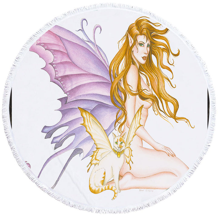 Fantasy Art Fairy Cat and Amber the Sexy Fairy Circle Beach Towel