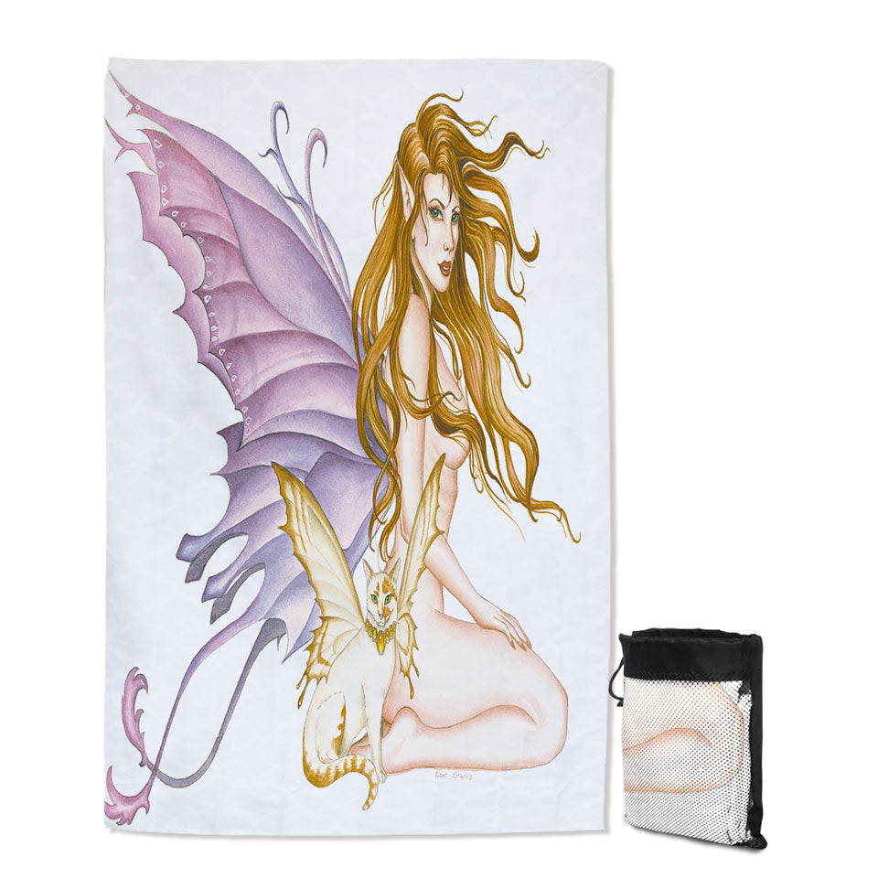 Fantasy Art Fairy Cat and Amber the Sexy Fairy Quick Dry Beach Towel