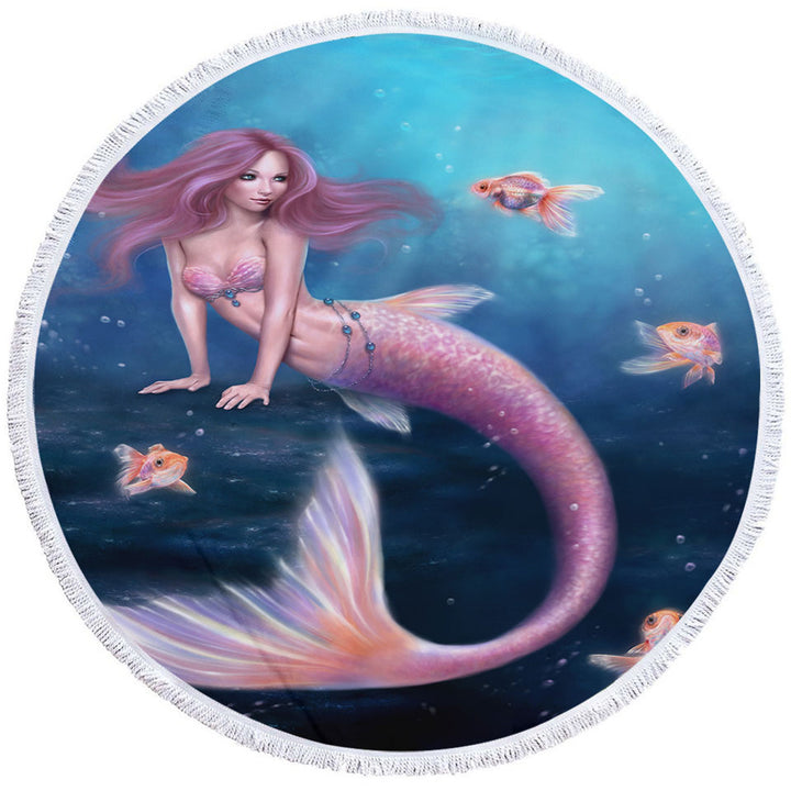 Fantasy Art Gold Fish and Beautiful Pinkish Mermaid Beach Towels