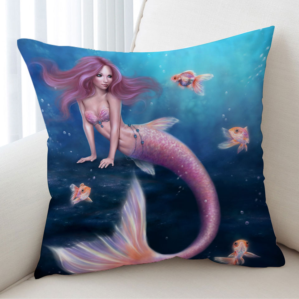 Fantasy Art Gold Fish and Beautiful Pinkish Mermaid Cushion Covers
