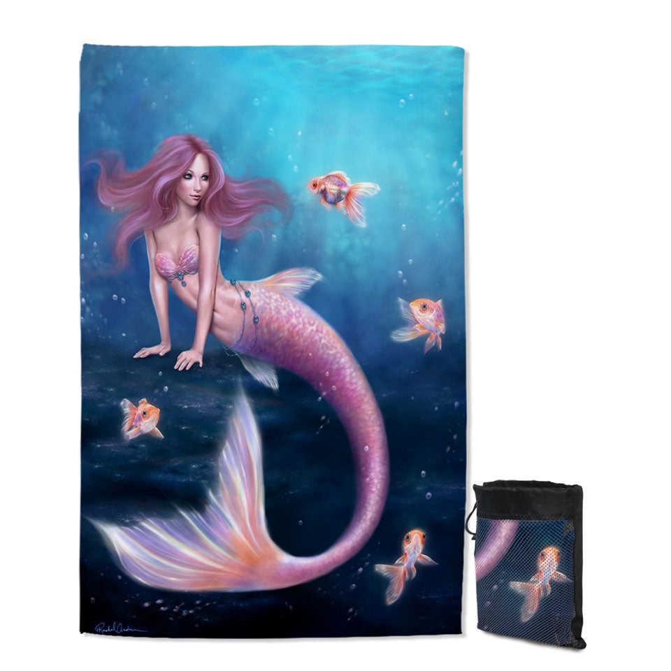 Fantasy Art Gold Fish and Beautiful Pinkish Mermaid Lightweight Beach Towel