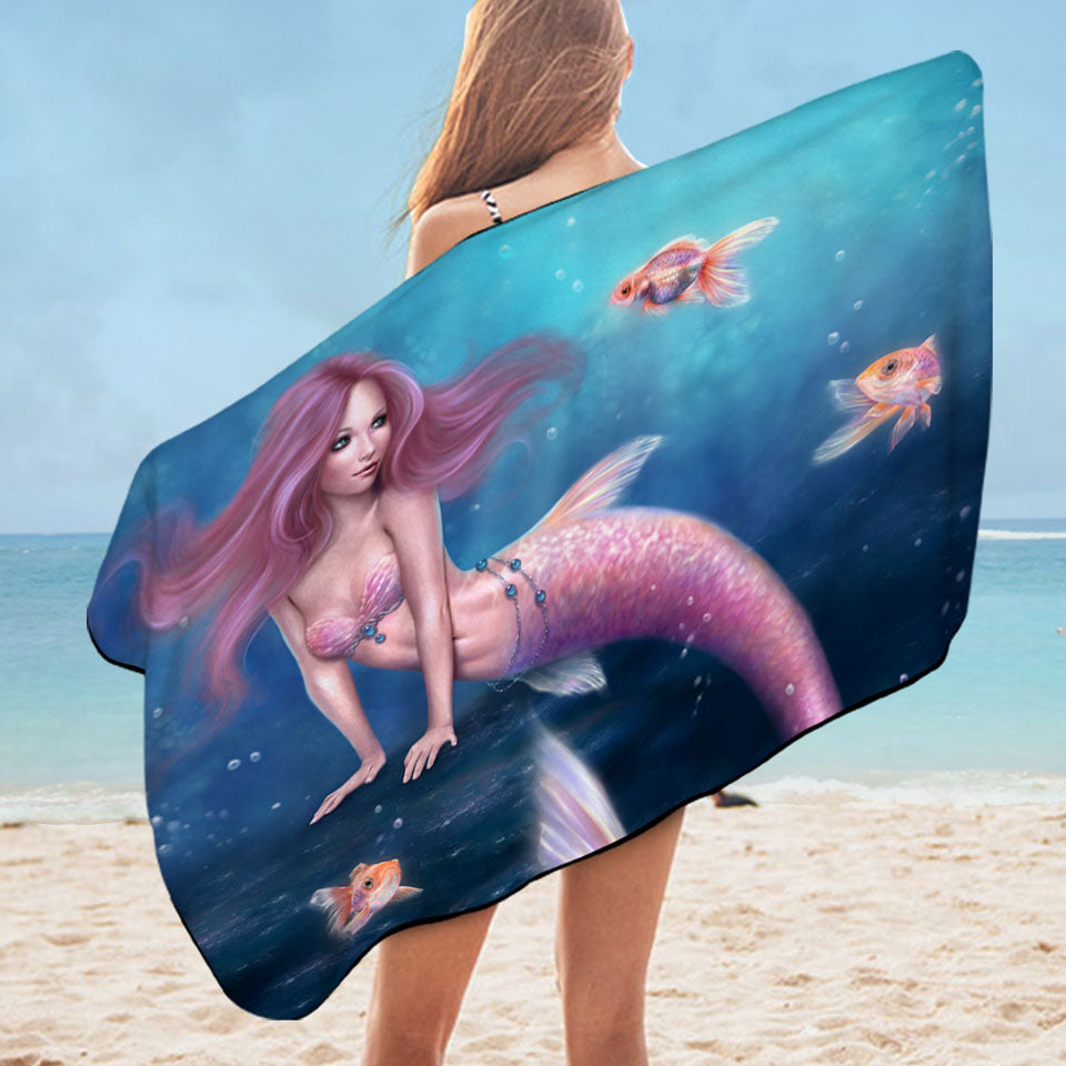 Fantasy Art Gold Fish and Beautiful Pinkish Mermaid Pool Towels