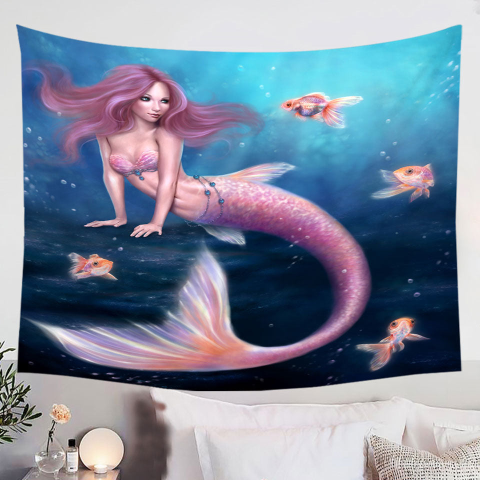 Fantasy-Art-Gold-Fish-and-Beautiful-Pinkish-Mermaid-Tapestry-Wall-Decor