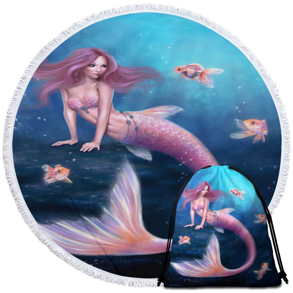 Fantasy Art Gold Fish and Beautiful Pinkish Mermaid Travel Beach Towel