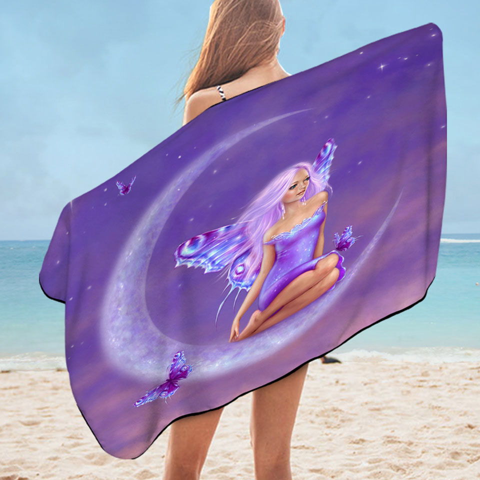 Fantasy Art Lavender Moon and Pretty Butterfly Girl Beach Towel