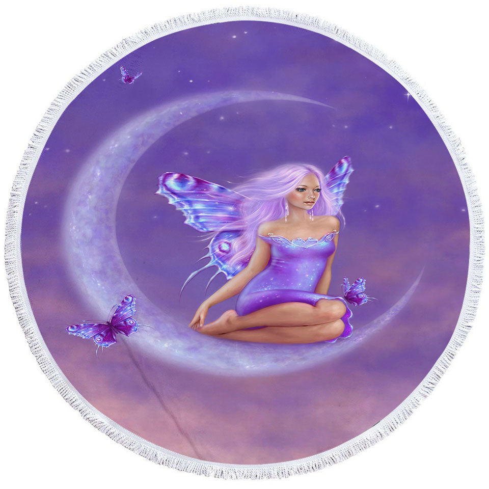 Fantasy Art Lavender Moon and Pretty Butterfly Girl Beach Towels