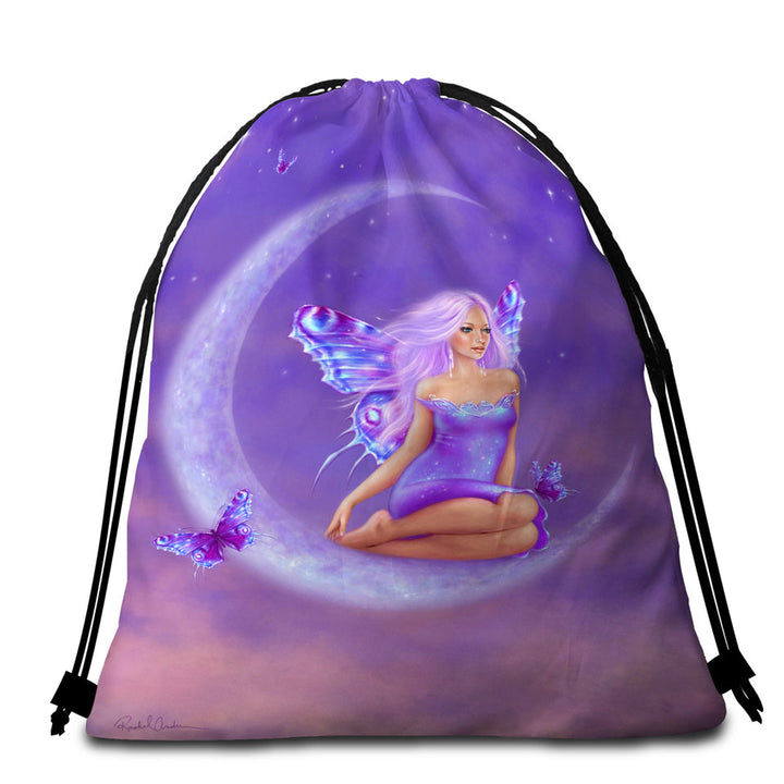 Fantasy Art Lavender Moon and Pretty Butterfly Girl Packable Beach Towel