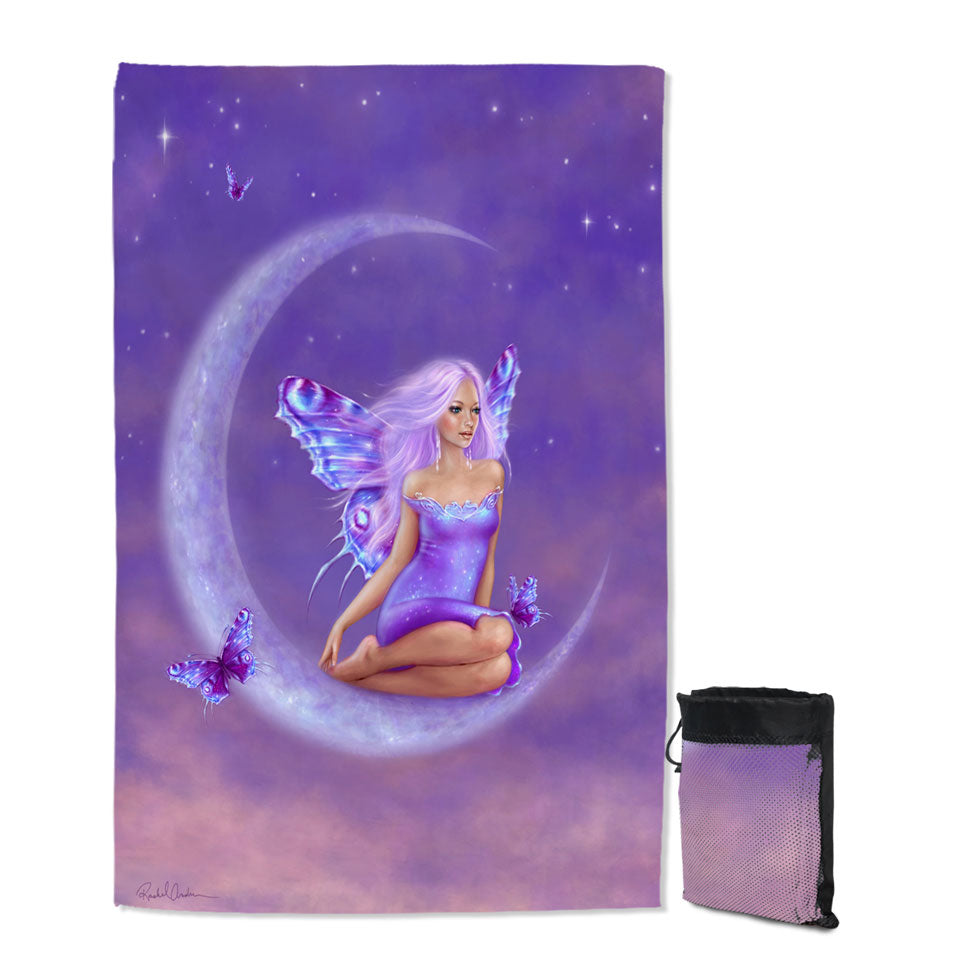 Fantasy Art Lavender Moon and Pretty Butterfly Girl Quick Dry Beach Towel