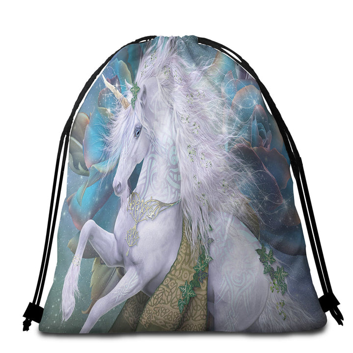 Fantasy Art Magical White Unicorn Packable Beach Towel