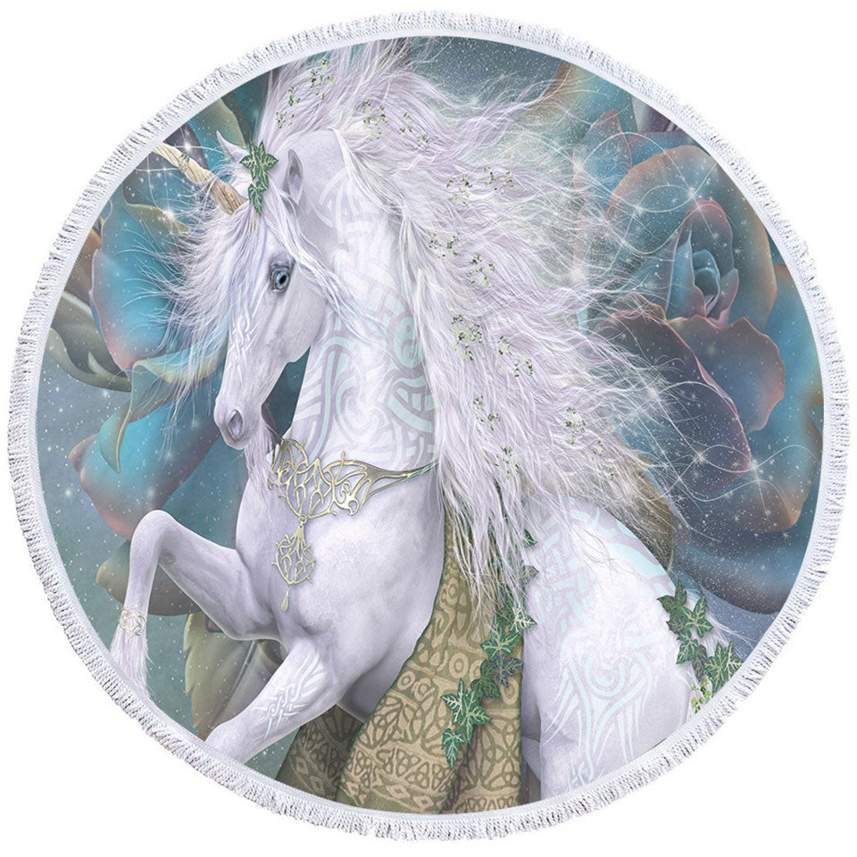 Fantasy Art Magical White Unicorn Round Towel