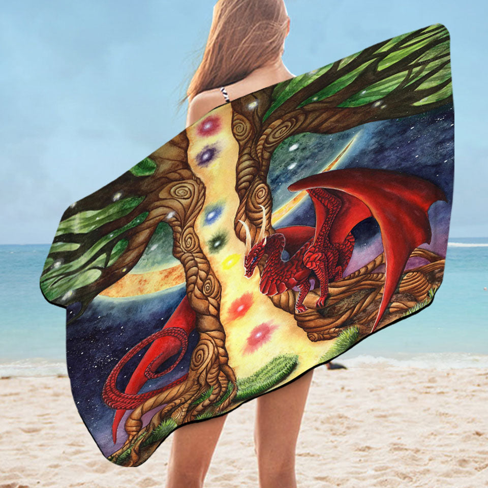 Fantasy Art Morning vs Night Tree and Red Dragon Beach Towels Near Me