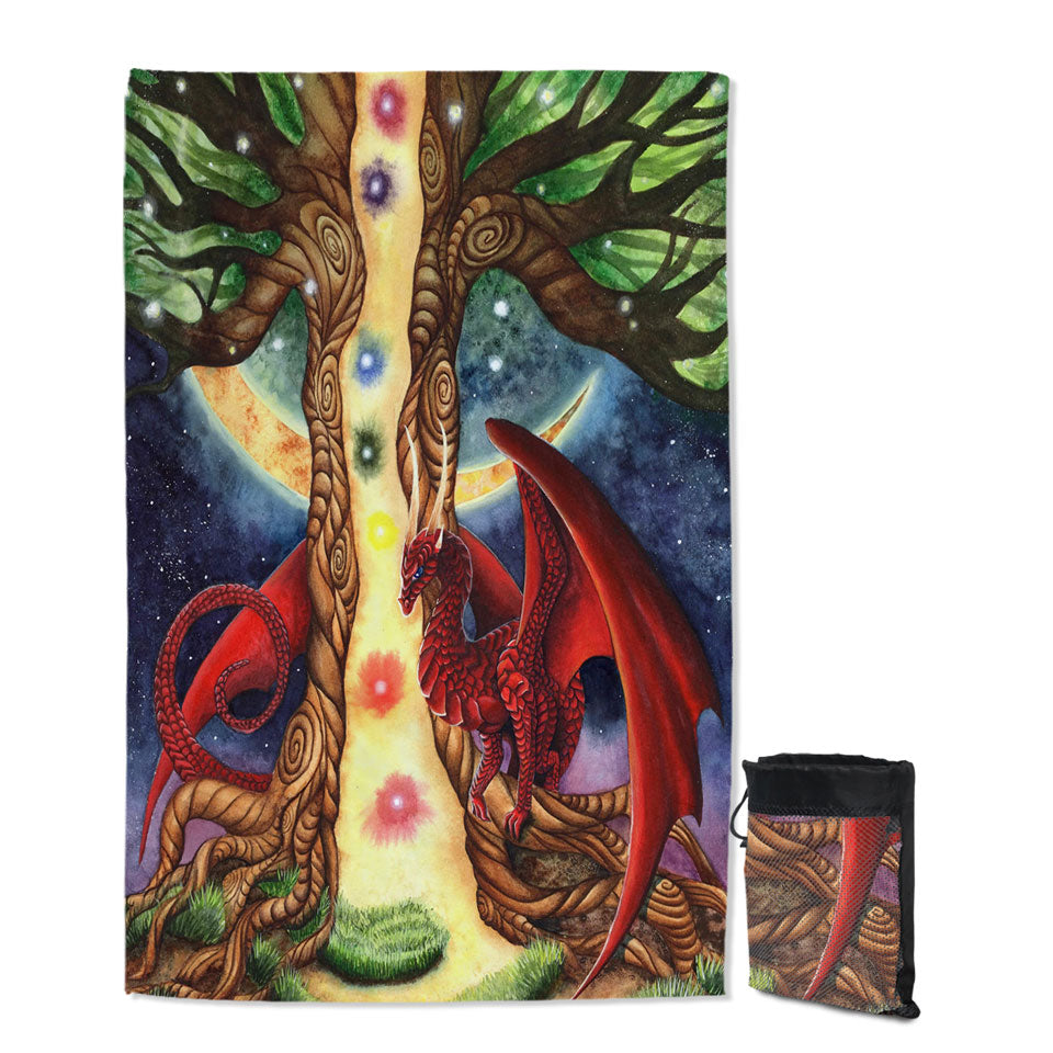 Fantasy Art Morning vs Night Tree and Red Dragon Beautiful Beach Towels
