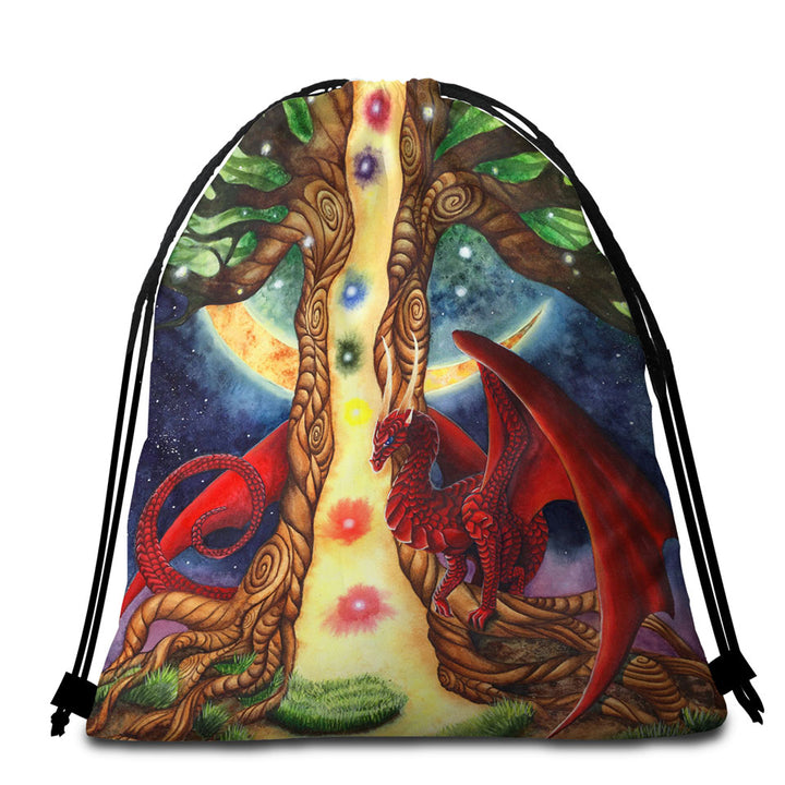 Fantasy Art Morning vs Night Tree and Red Dragon Cool Beach Towels