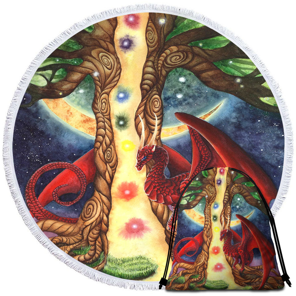 Fantasy Art Morning vs Night Tree and Red Dragon Mens Beach Towel