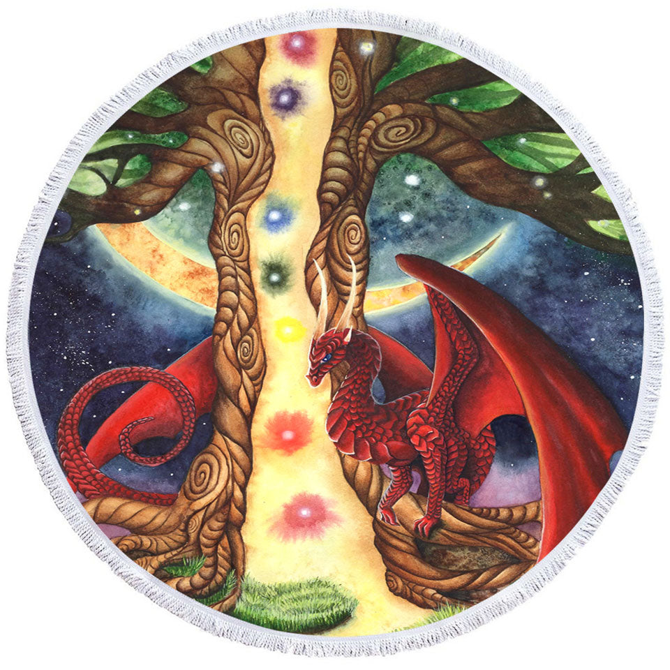 Fantasy Art Morning vs Night Tree and Red Dragon Nice Beach Towels