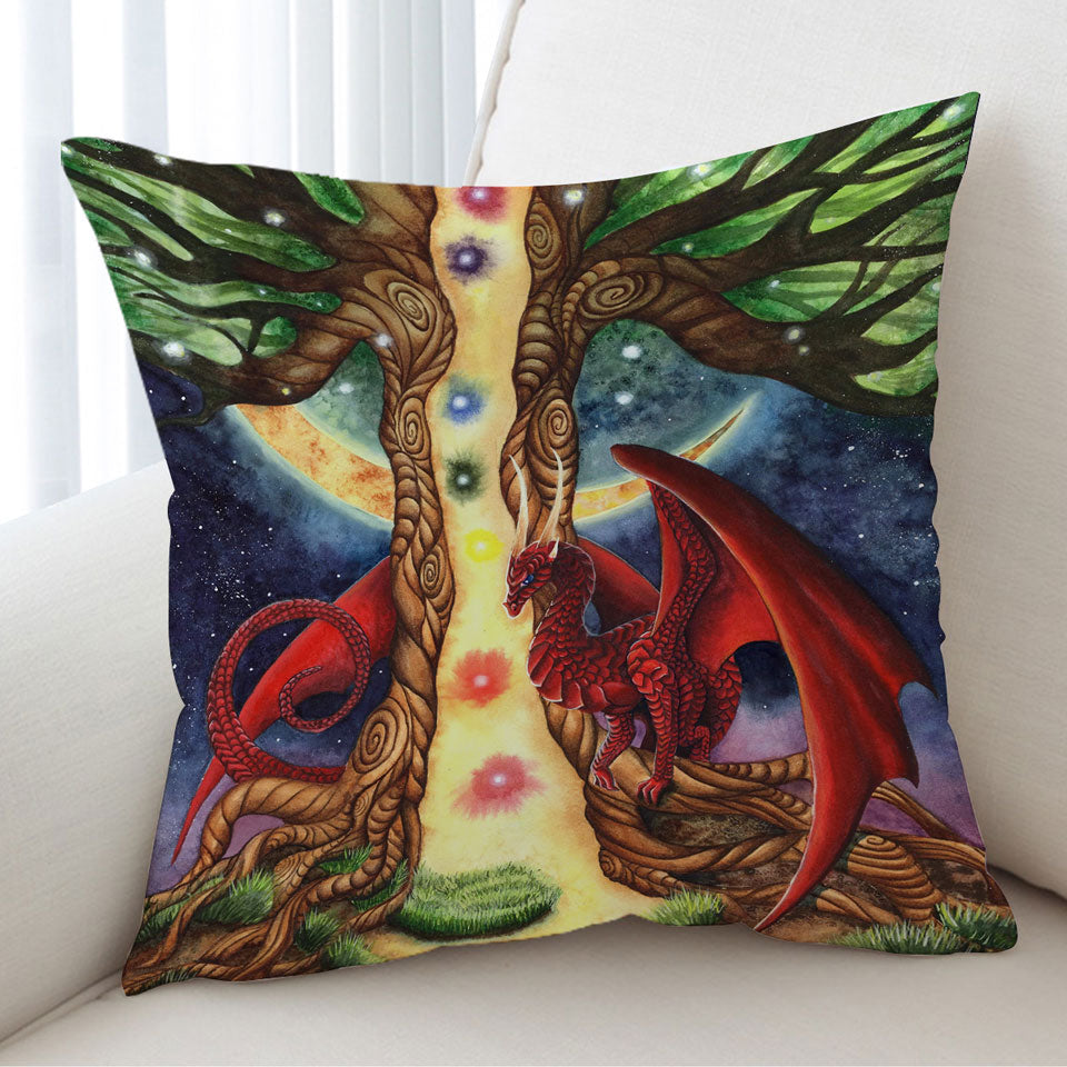 Fantasy Art Morning vs Night Tree and Red Dragon Sofa Pillows