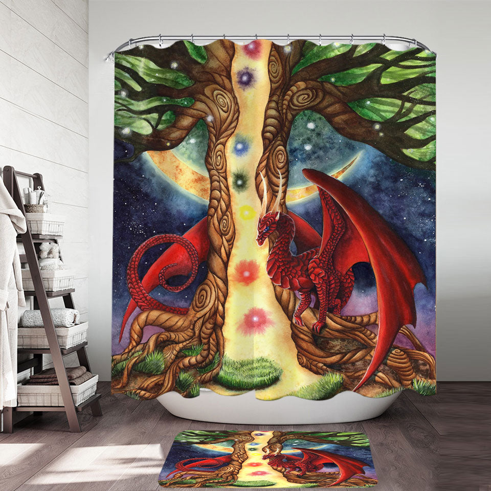 Fantasy Art Morning vs Night Tree and Red Dragon Trendy Shower Curtains