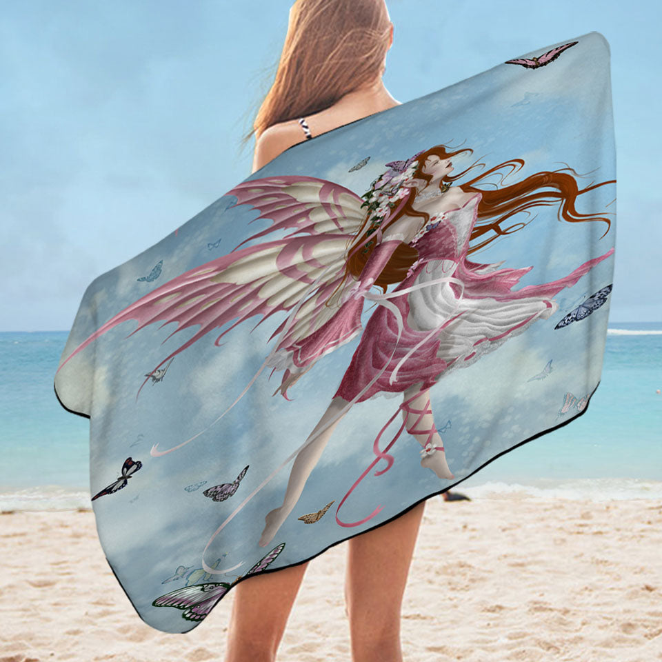 Fantasy Art Pink Butterfly Girl Microfiber Beach Towel