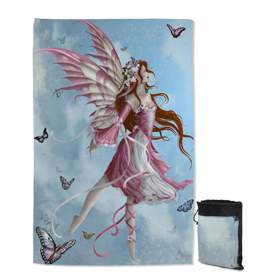 Fantasy Art Pink Butterfly Girl Travel Beach Towel