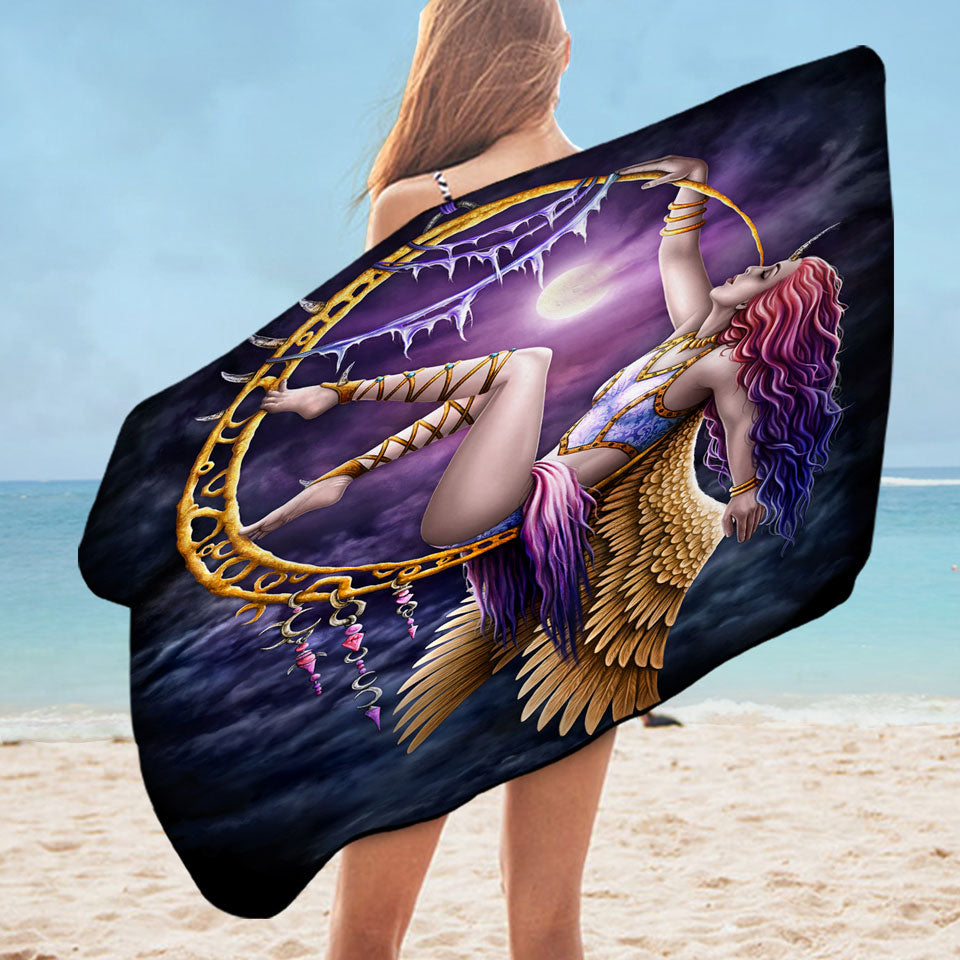 Fantasy Art Purplish Moon Light Aerial Angel Beach Towels