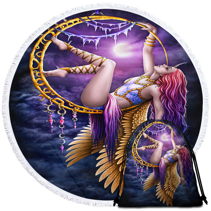 Fantasy Art Purplish Moon Light Aerial Angel Round Beach Towel