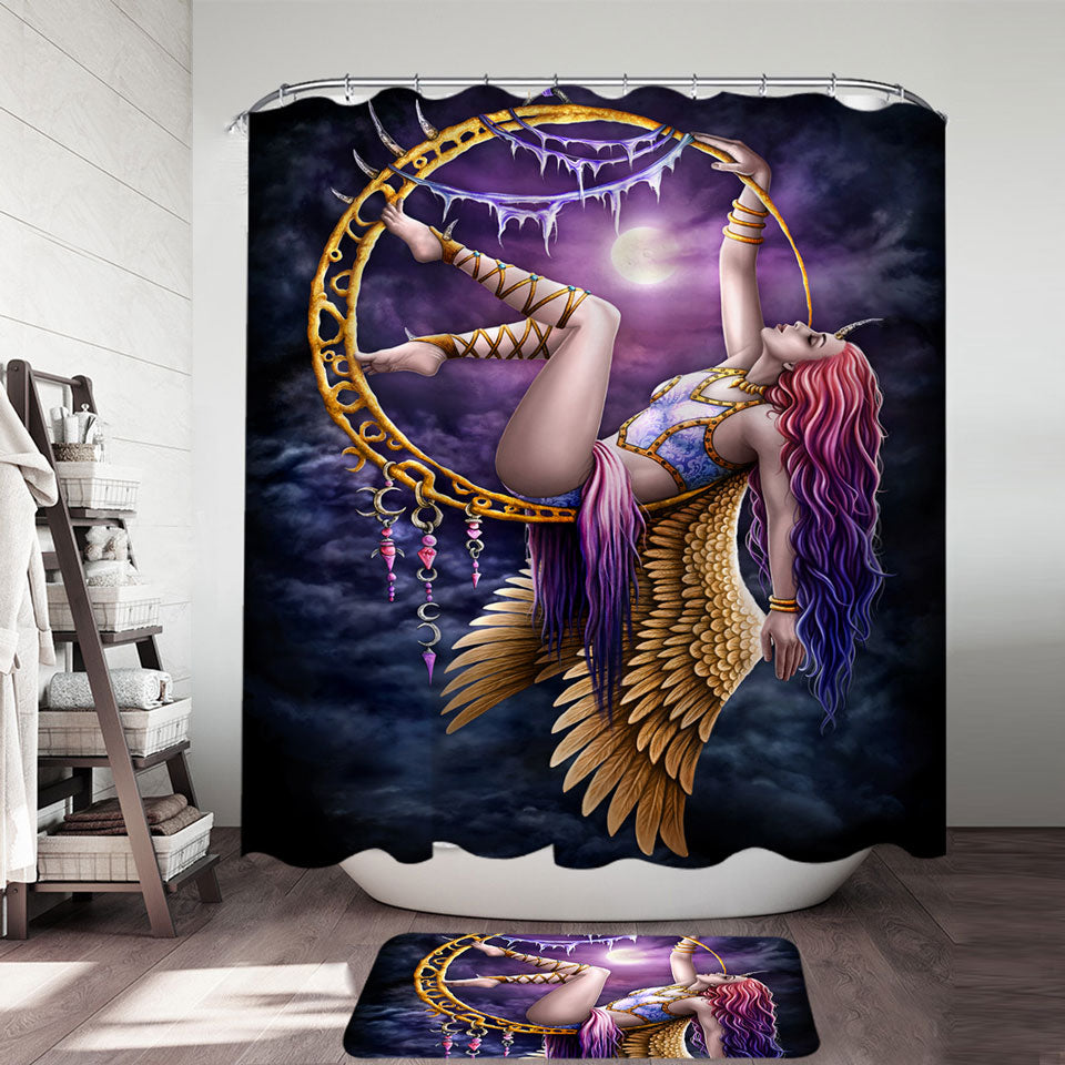 Fantasy Art Purplish Moon Light Aerial Angel Shower Curtain