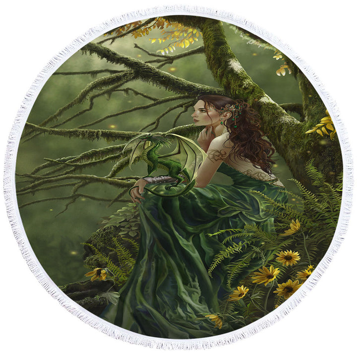 Fantasy Art Queen of Fate and Dragon Circle Beach Towel