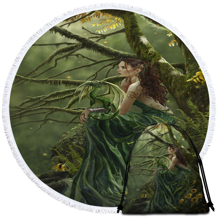 Fantasy Art Queen of Fate and Dragon Round Beach Towel