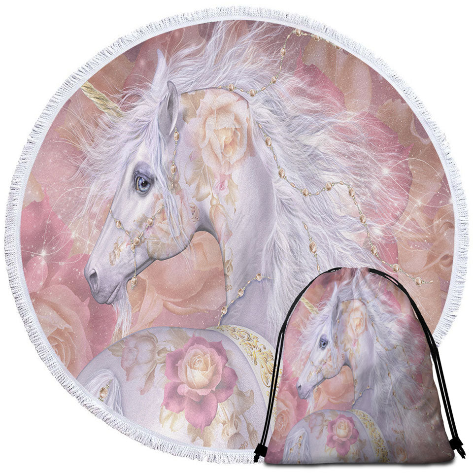 Fantasy Art Rosy Magical Unicorn and Roses Beach Towels and Bags Set