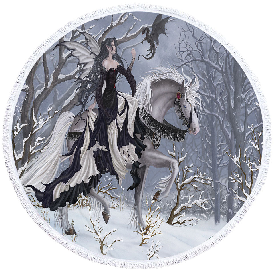 Fantasy Art Round Beach Towel the Dark Angel and Her Little Dragon
