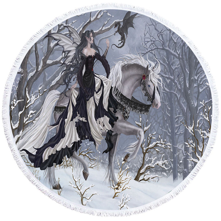 Fantasy Art Round Beach Towel the Dark Angel and Her Little Dragon