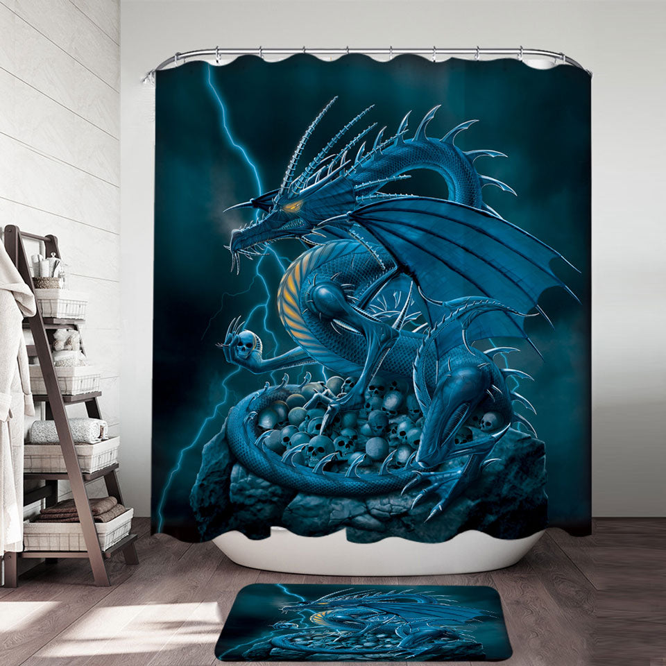 Fantasy Art Scary Human Skulls Blue Dragon Fabric Shower Curtains