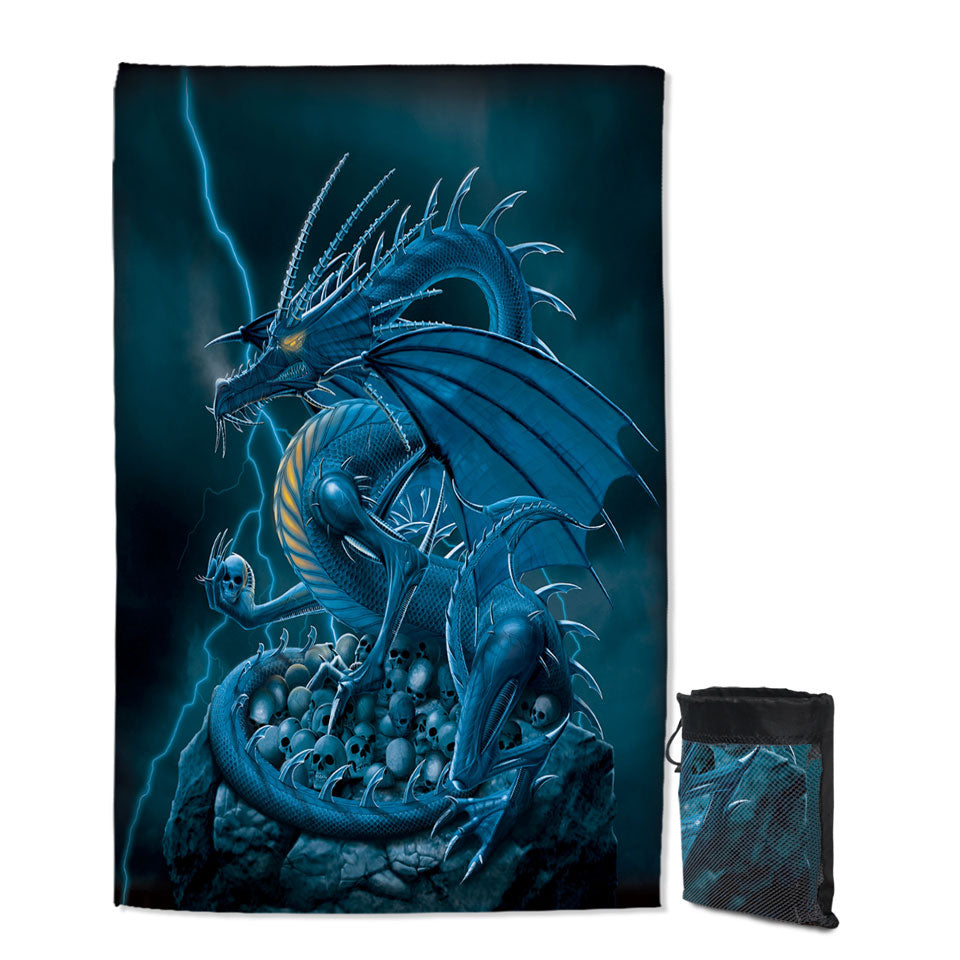 Fantasy Art Scary Human Skulls Blue Dragon Lightweight Beach Towel