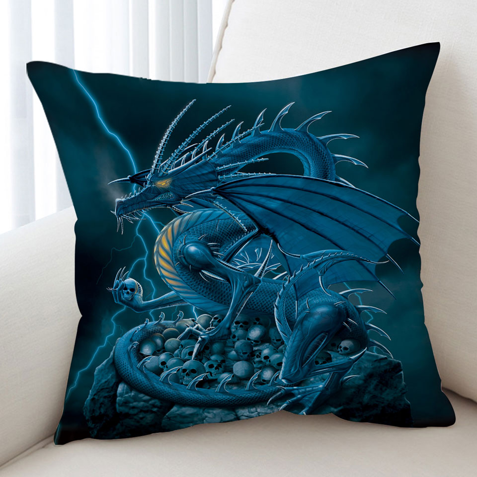 Fantasy Art Scary Human Skulls Blue Dragon Throw Pillow