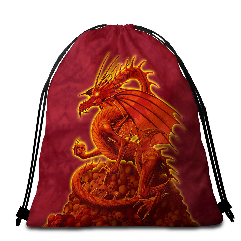 Fantasy Art Scary Human Skulls Red Dragon Beach Bags and Towels