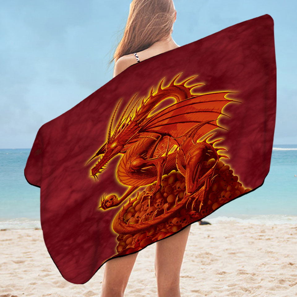 Fantasy Art Scary Human Skulls Red Dragon Microfiber Beach Towel