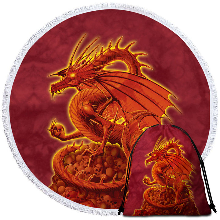 Fantasy Art Scary Human Skulls Red Dragon Round Beach Towel